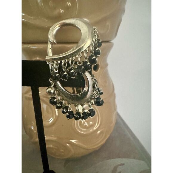Vintage Tribal Hoop Earrings Black Beads Oxidized Silver Clips - Picture 2 of 3